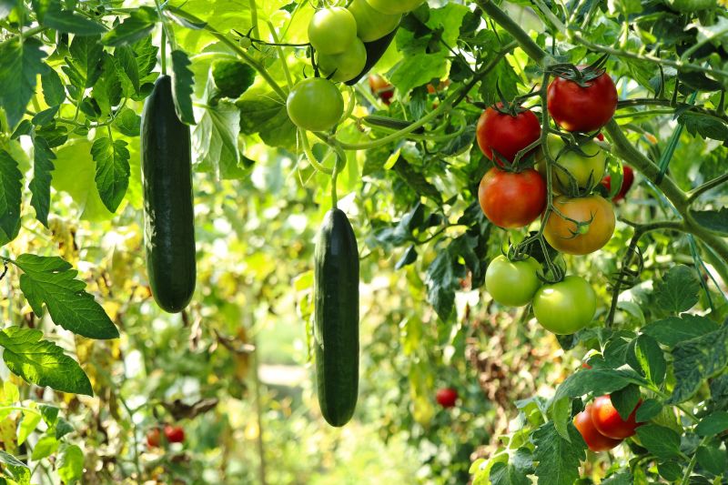 uhorky a paradajky v záhrade